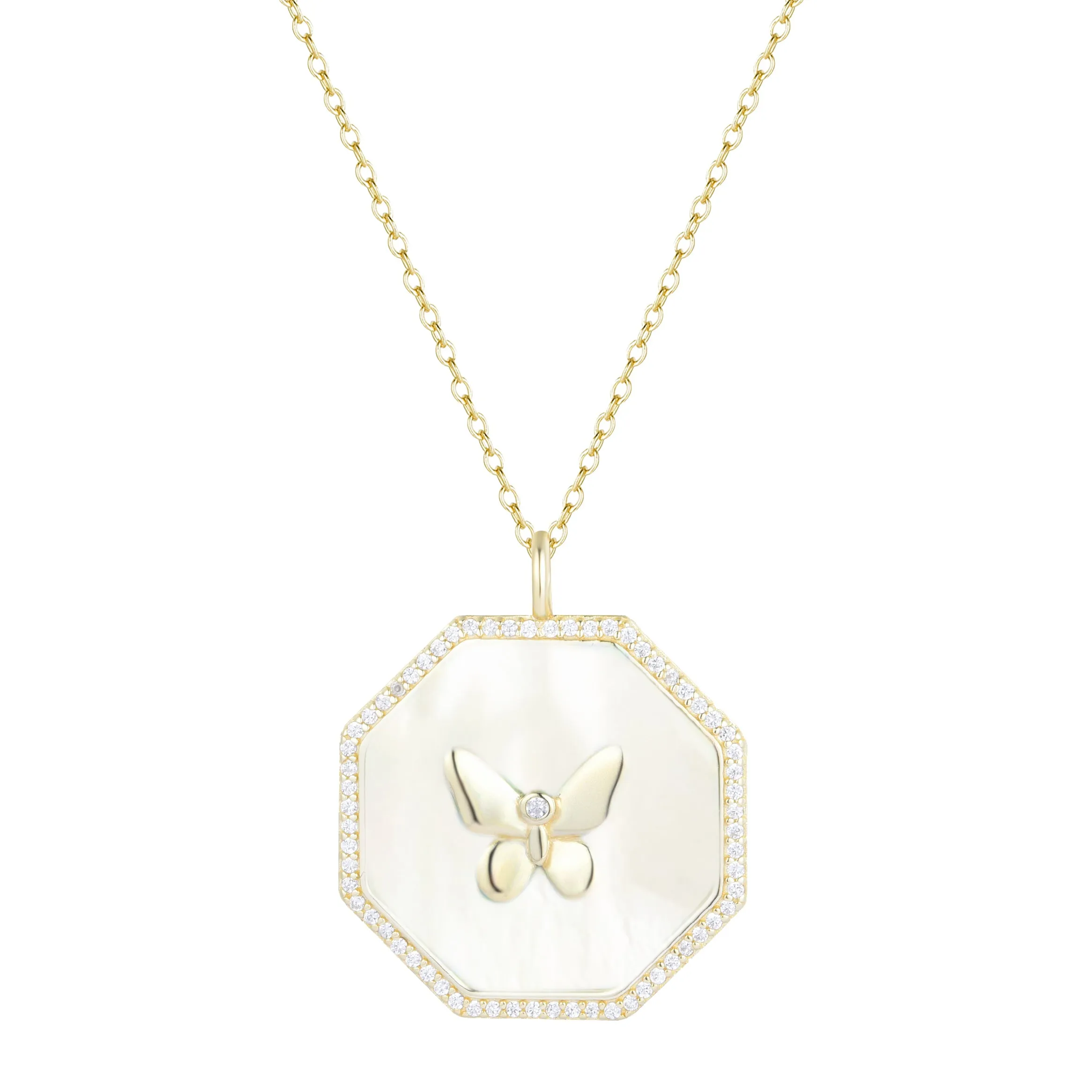 Octagon Butterfly Medallion Necklace - Pearl