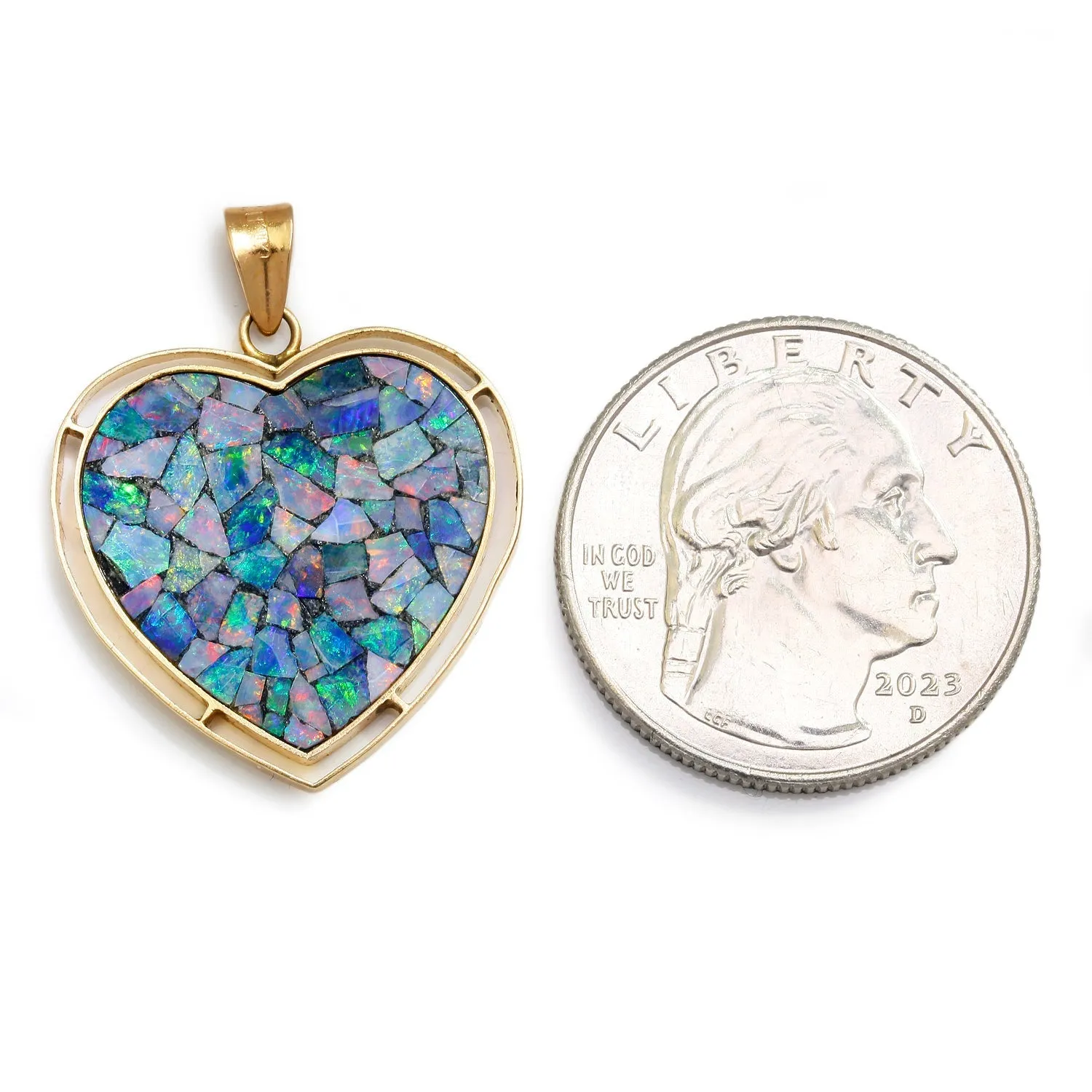 Opal Inlay Mosaic Heart Pendant 14K Yellow Gold