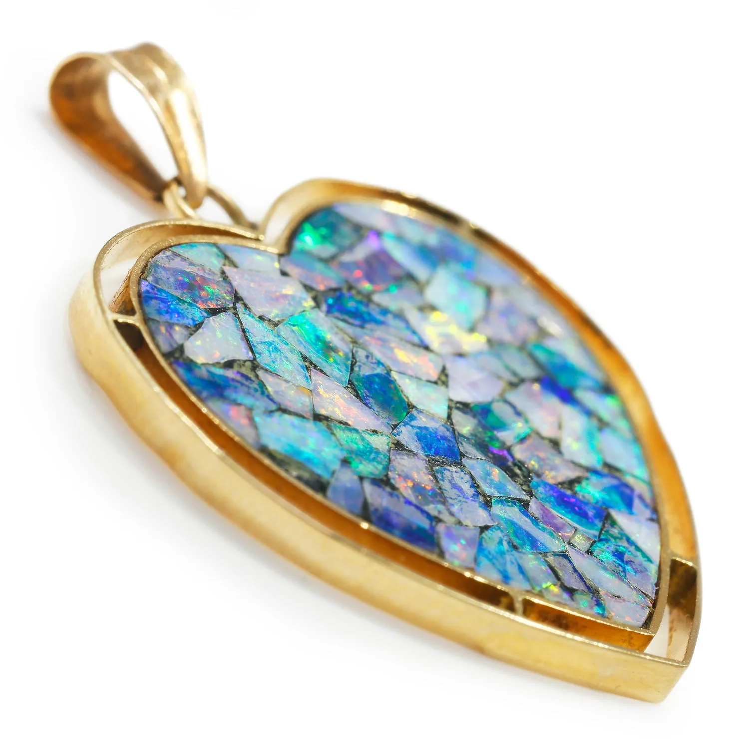 Opal Inlay Mosaic Heart Pendant 14K Yellow Gold