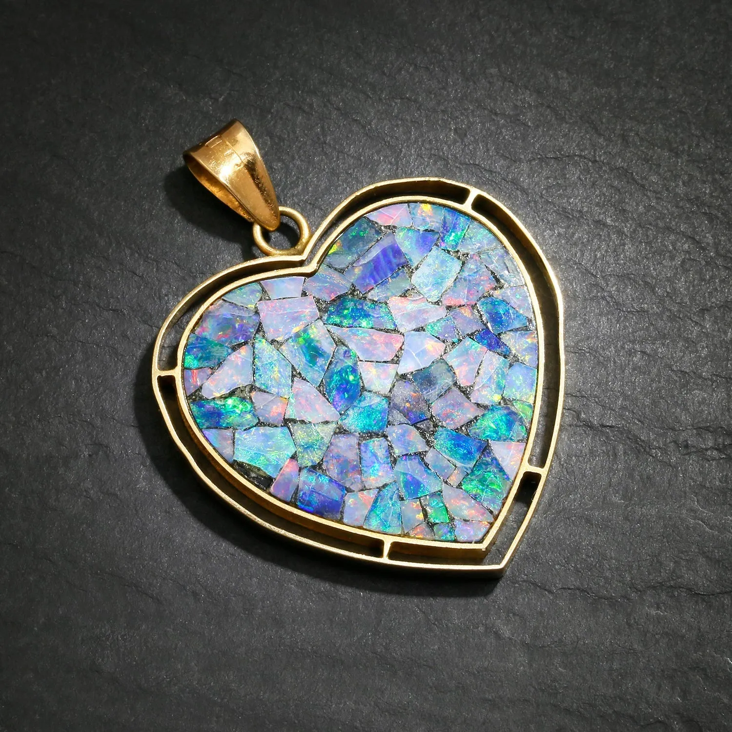 Opal Inlay Mosaic Heart Pendant 14K Yellow Gold