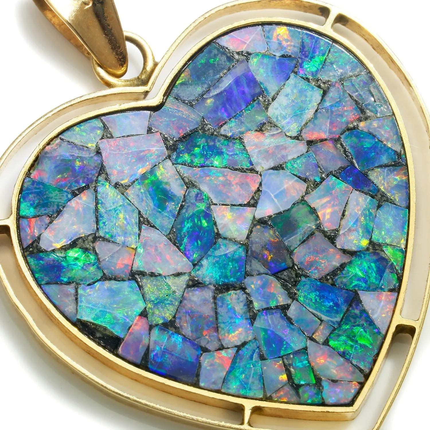 Opal Inlay Mosaic Heart Pendant 14K Yellow Gold