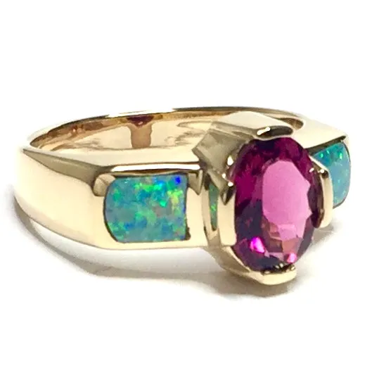 Opal Rings 2 Section Inlaid Design with Oval Pink Tourmaline