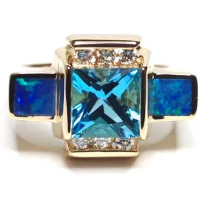 Opal Rings 2 Square Inlaid Swiss Blue Topaz with .24ctw Diamonds