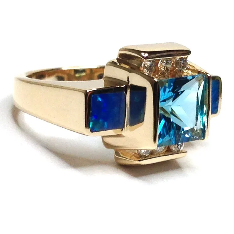 Opal Rings 2 Square Inlaid Swiss Blue Topaz with .24ctw Diamonds