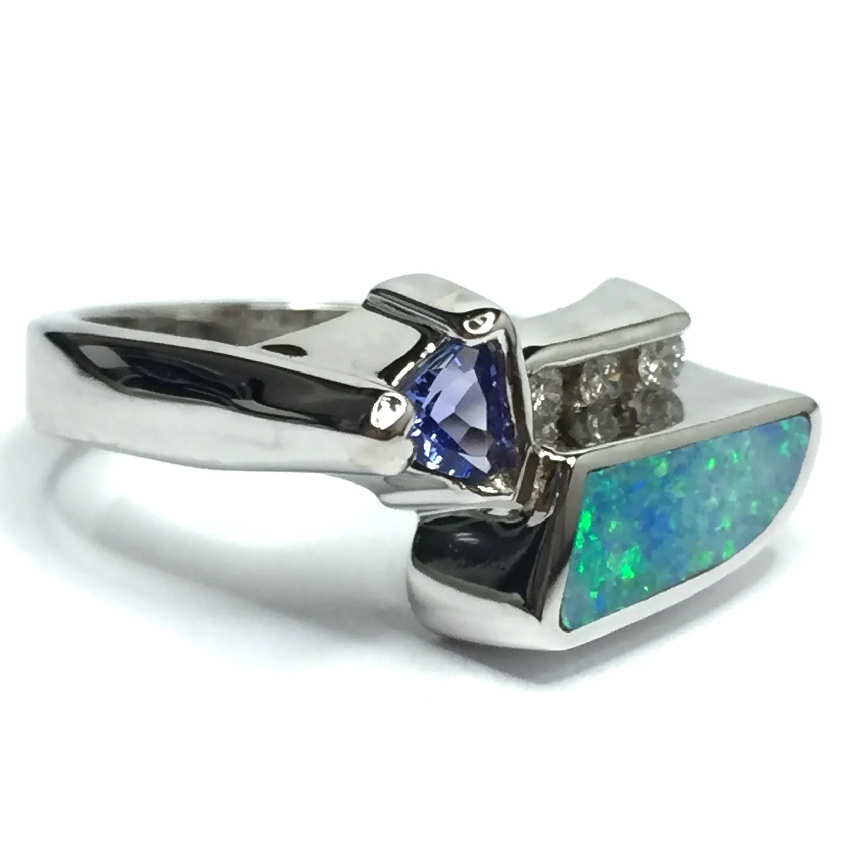 Opal Rings Geometric Inlaid with Tanzanite and .08ctw Diamonds