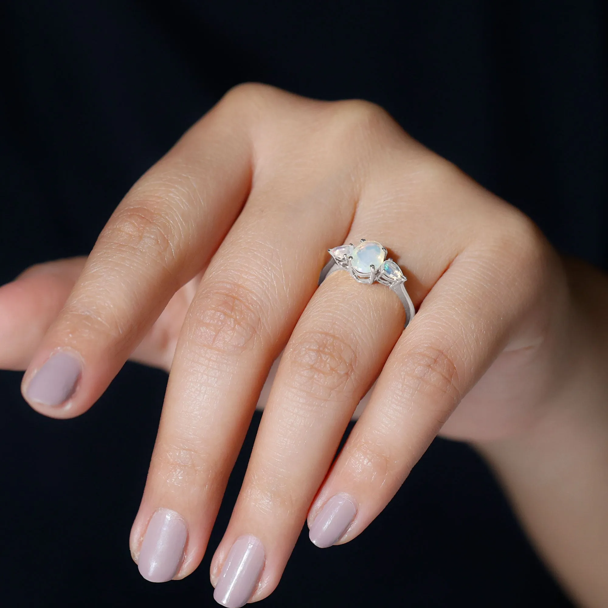 Oval and Pear Cut Ethiopian Opal Three Stone Ring