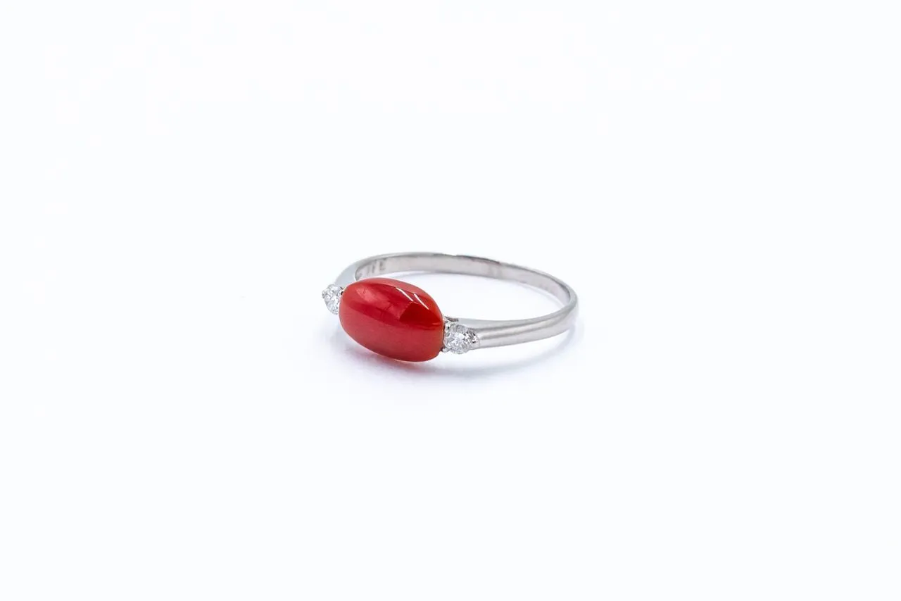 Oval Coral Cabochon and Diamond Ring