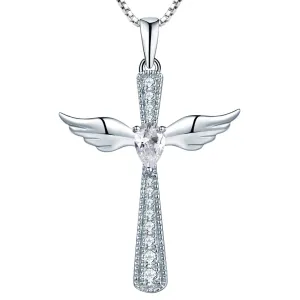 Paris Jewelry 18K White Gold 3Ct White Sapphire Angel Wing And Cross Necklace Plated