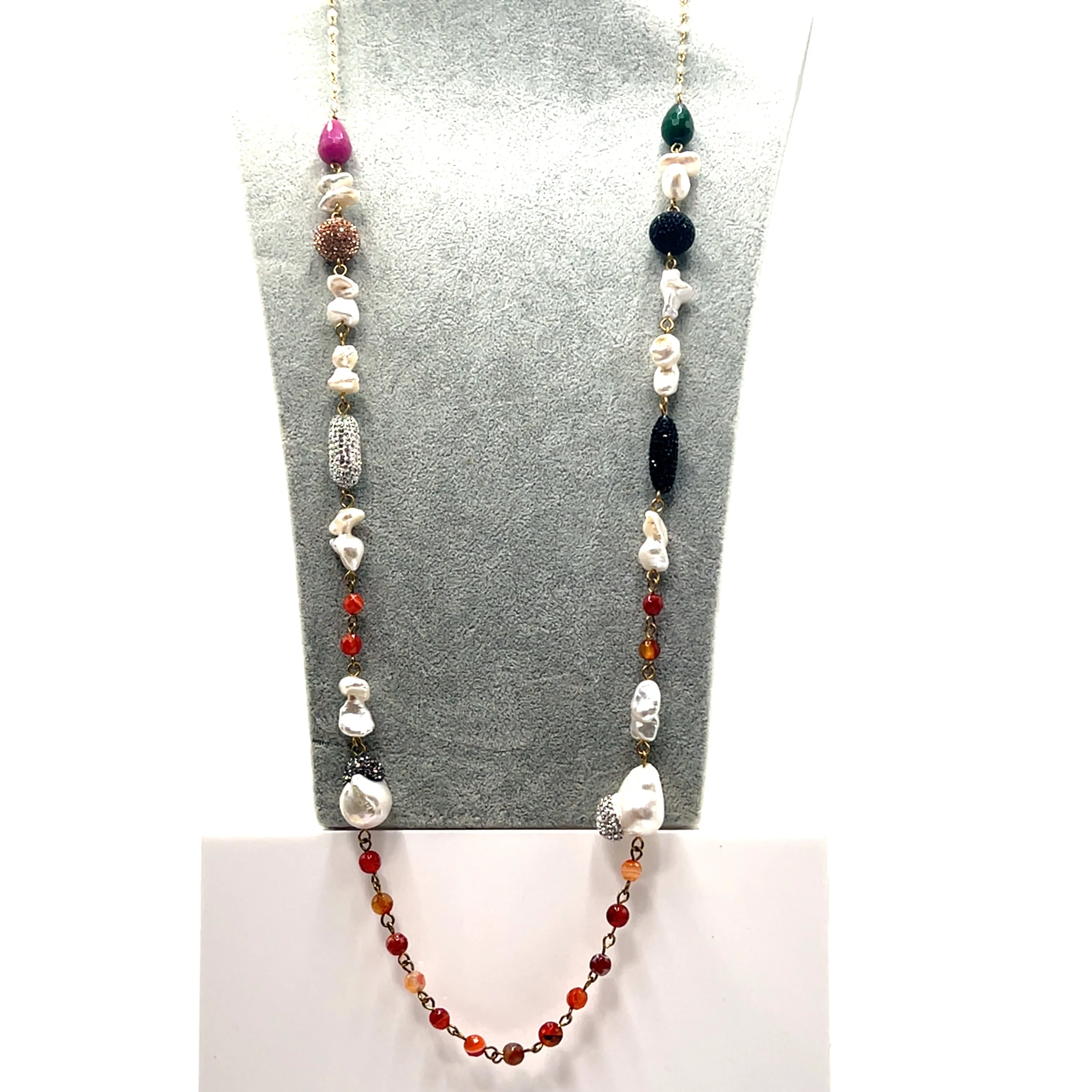 Pearl Multicolor Gemstone Amber Crystal Lariat Long Necklace