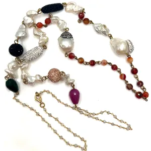 Pearl Multicolor Gemstone Amber Crystal Lariat Long Necklace