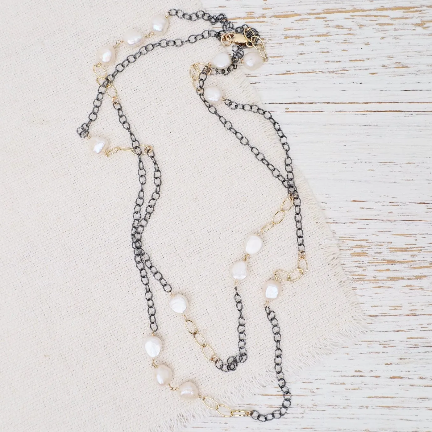 Pearl Oxidized Sterling Silver Gold Fill Long Necklace