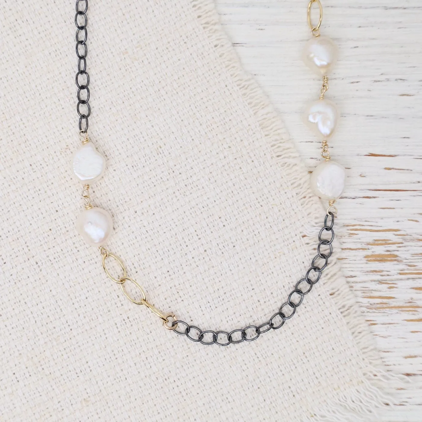 Pearl Oxidized Sterling Silver Gold Fill Long Necklace