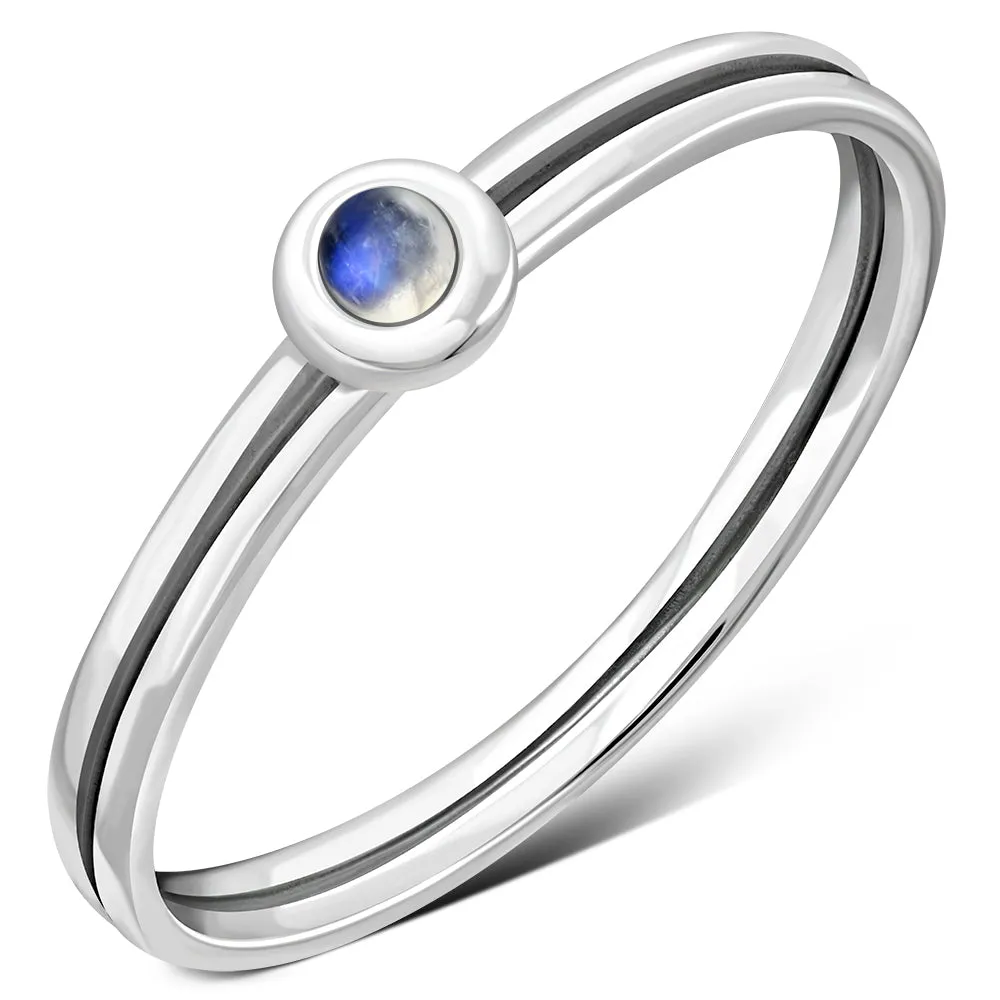 Rainbow Moonstone Delicate Silver Band Ring