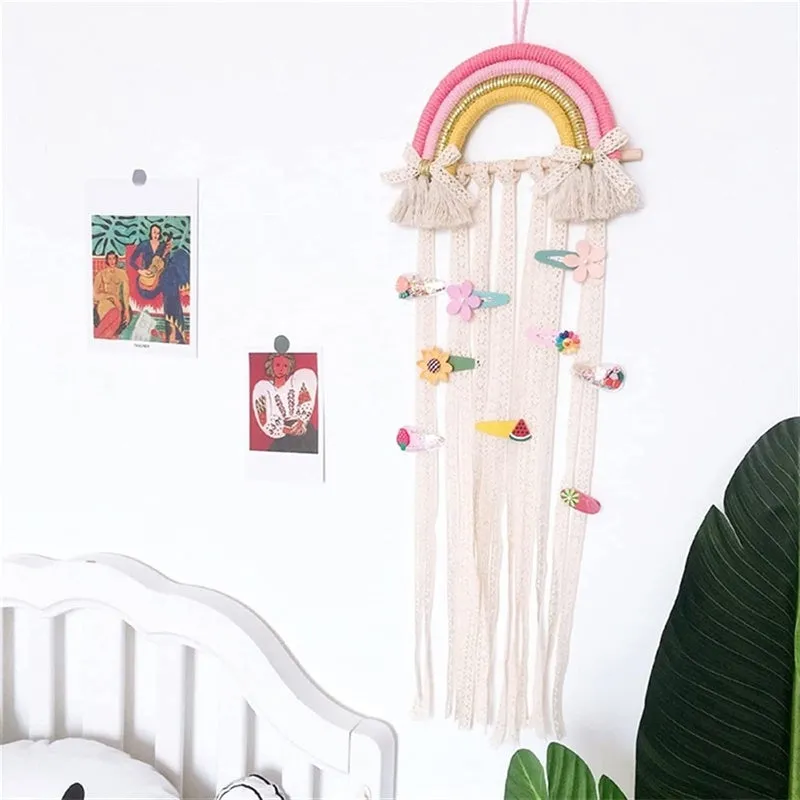 Rainbow Tassel Ornaments Girls Hair Clip Storage Wall Hanging Decoration