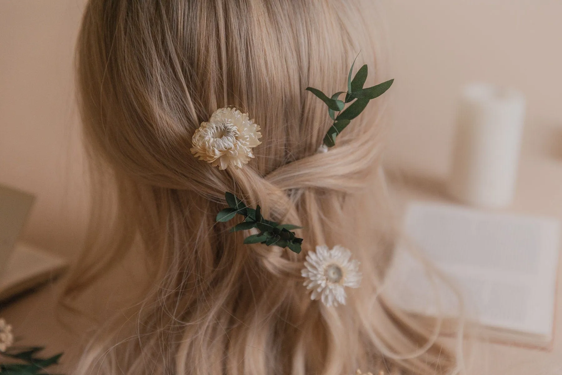 Real Eucalyptus & Straw Flowers with Dried Gypsophila 5 Piece Hair Pin Set