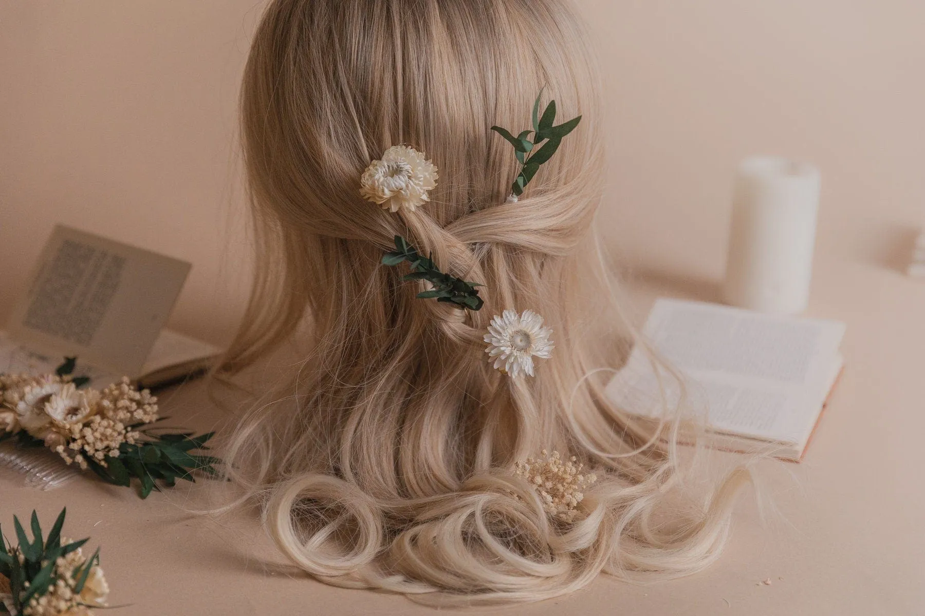 Real Eucalyptus & Straw Flowers with Dried Gypsophila 5 Piece Hair Pin Set