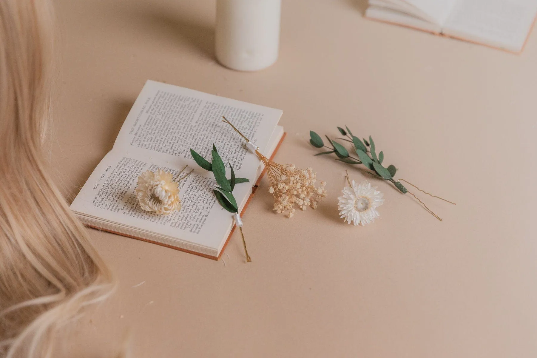 Real Eucalyptus & Straw Flowers with Dried Gypsophila 5 Piece Hair Pin Set