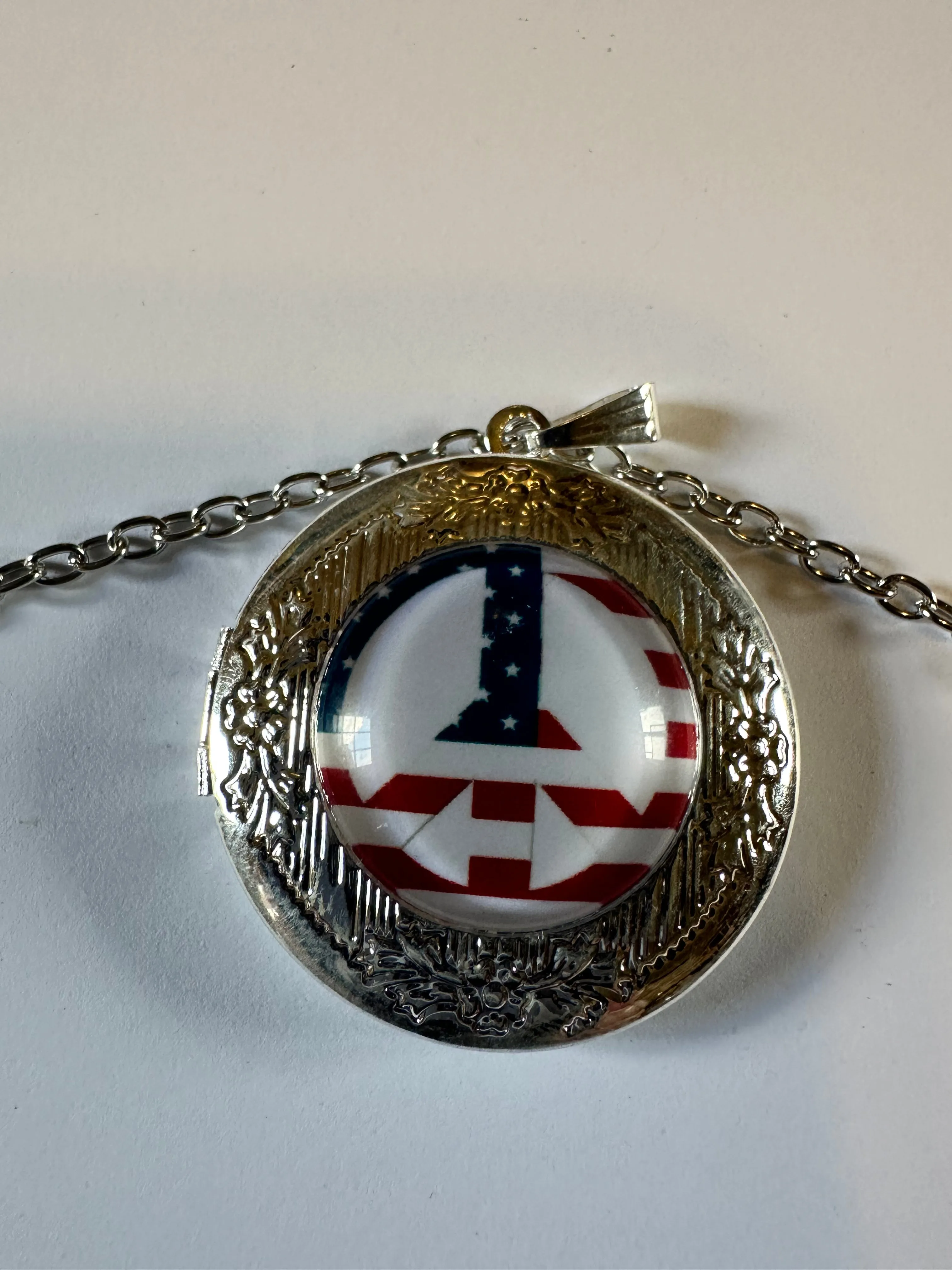 Red white and blue peace sign cabochon locket necklace