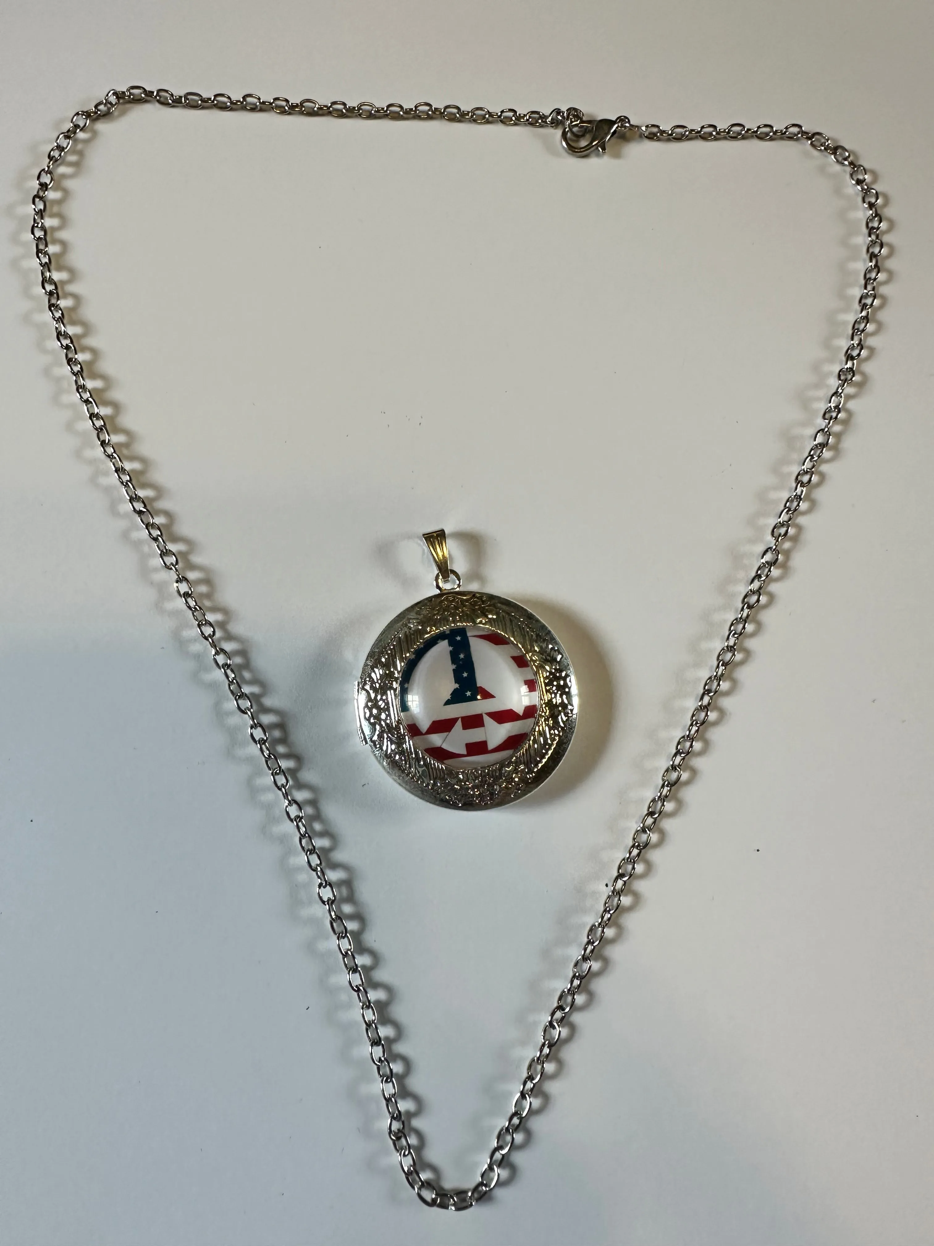 Red white and blue peace sign cabochon locket necklace