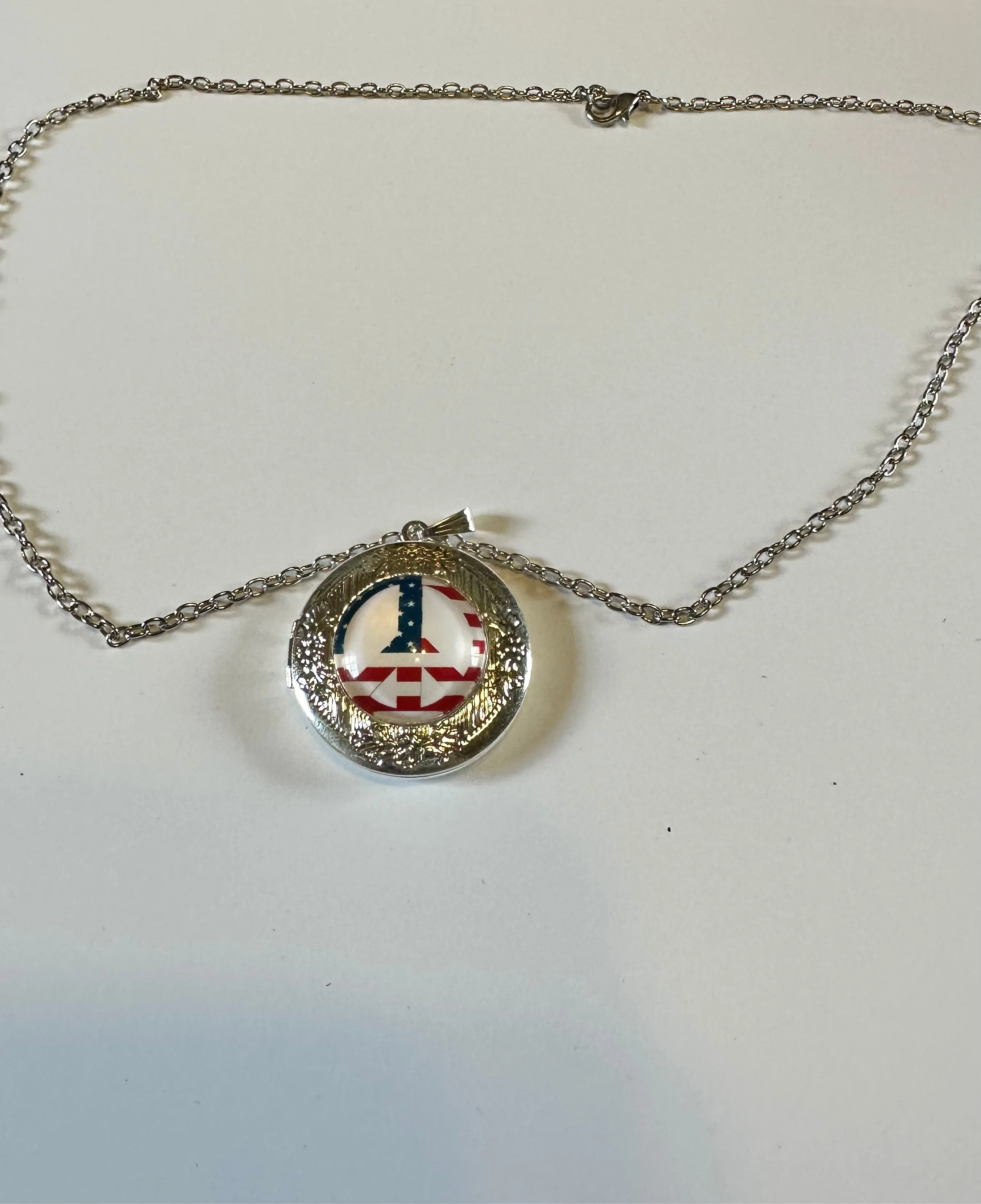 Red white and blue peace sign cabochon locket necklace