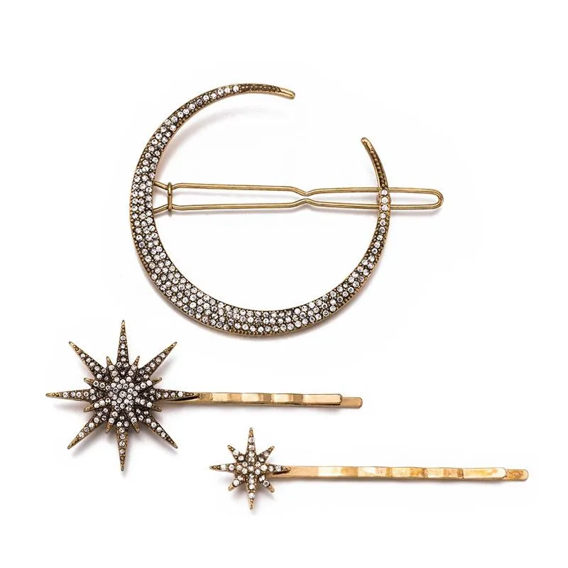 Retro geometric Artificial Diamond Headwear Moon Snow Stars Hairpin Clip Hair Accessory