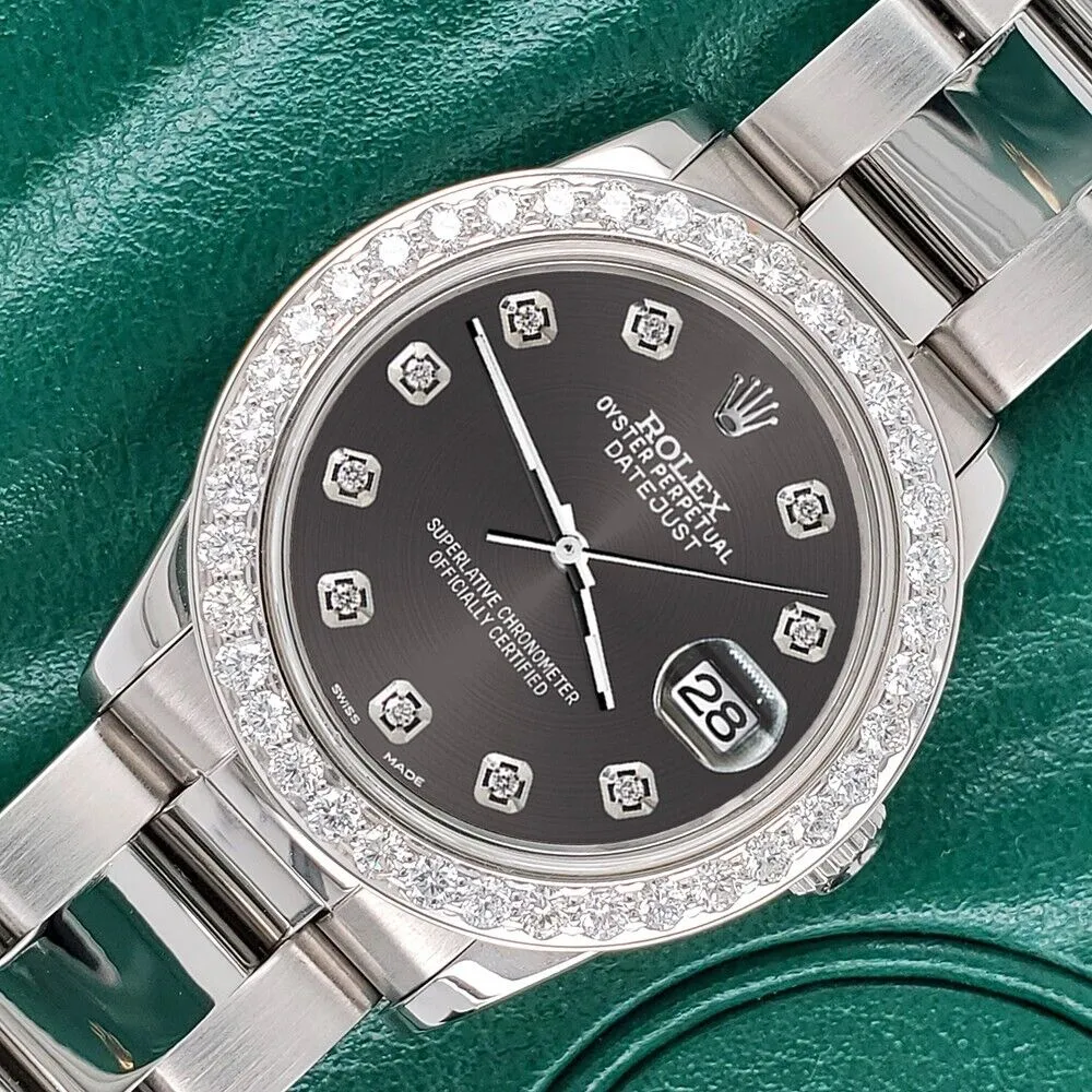 Rolex Datejust Midsize 31mm 1.52ct Bezel/Rhodium Gray Diamond Dial Oyster Watch TFJ-142507885