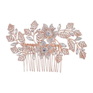 Rose Gold Diamante Flower Leaf Comb