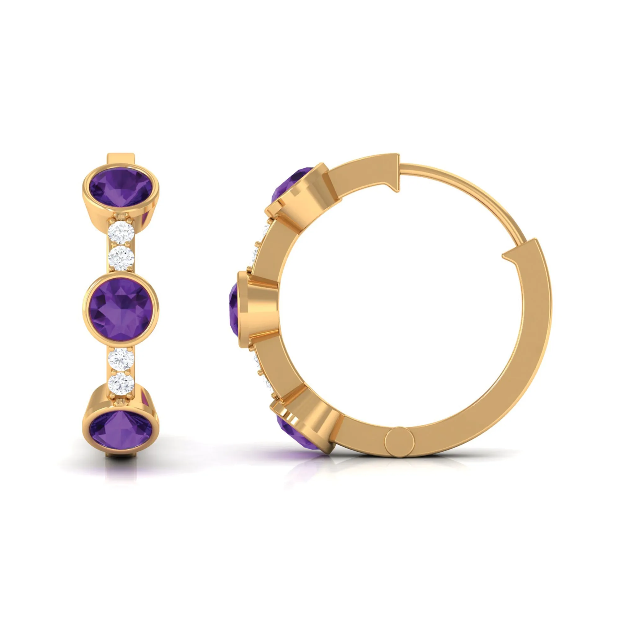 Round Amethyst and Diamond Hinged Hoop Earrings