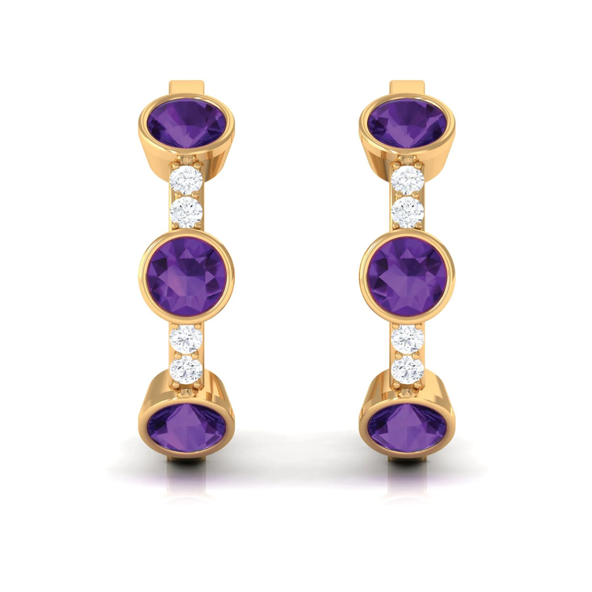 Round Amethyst and Diamond Hinged Hoop Earrings