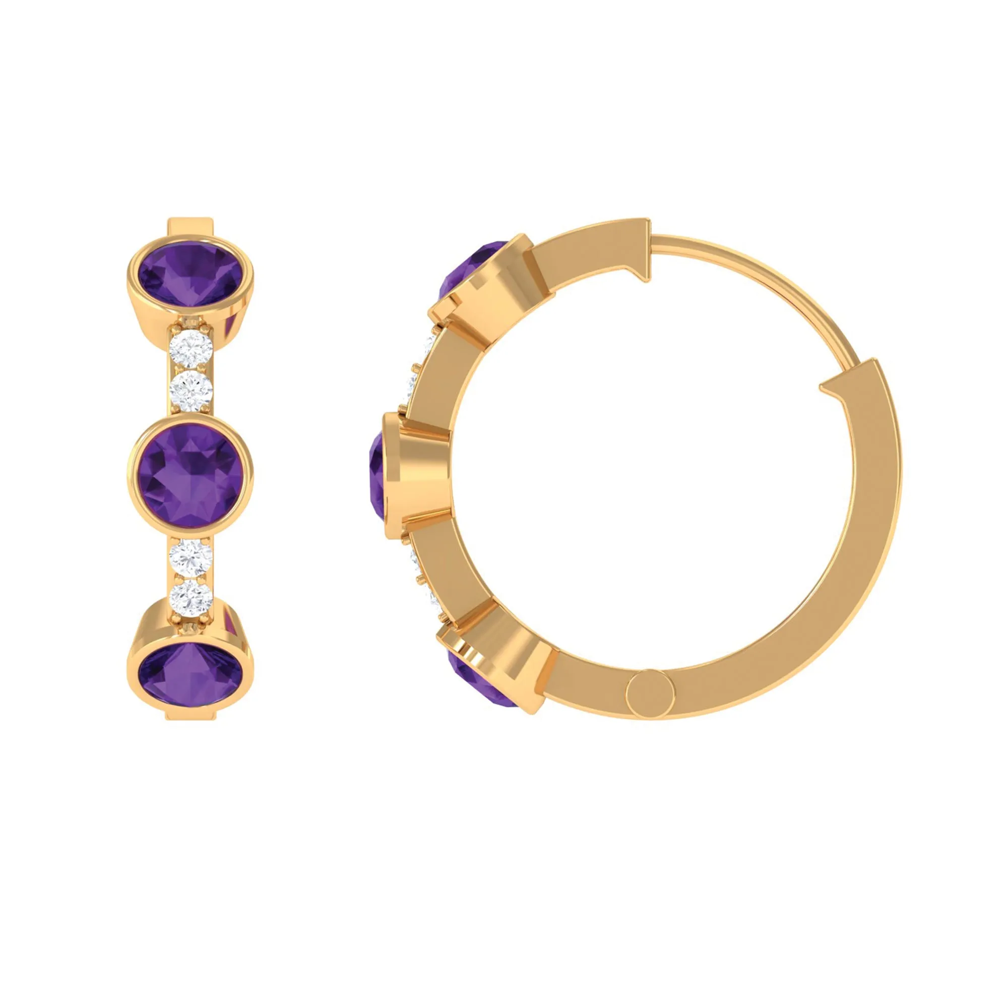 Round Amethyst and Diamond Hinged Hoop Earrings