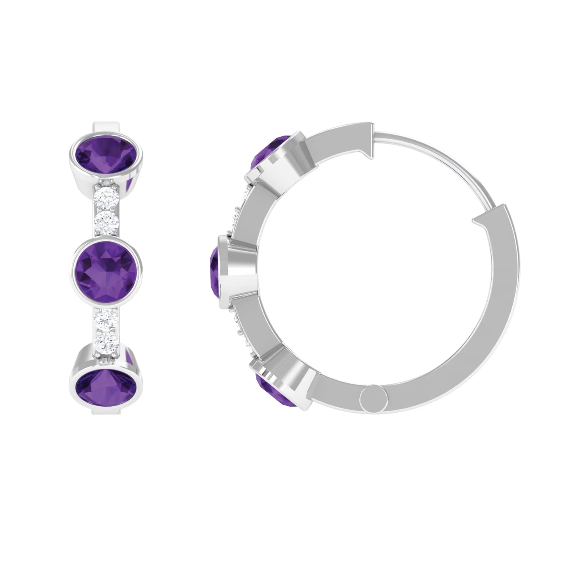 Round Amethyst and Diamond Hinged Hoop Earrings