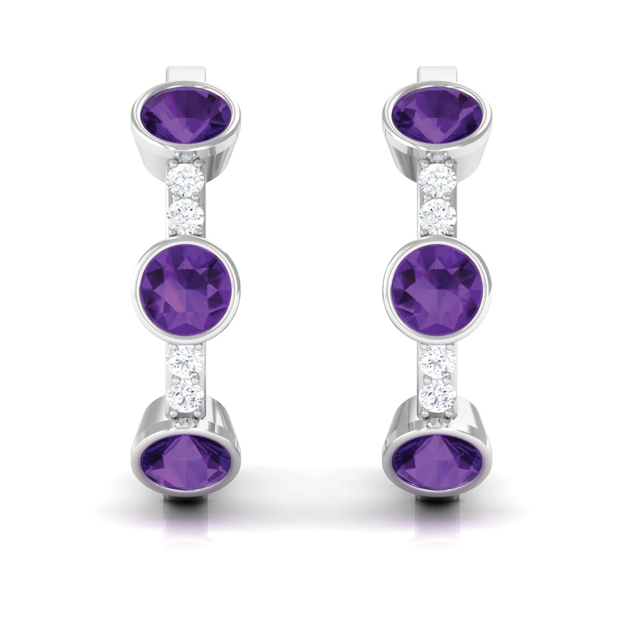 Round Amethyst and Diamond Hinged Hoop Earrings