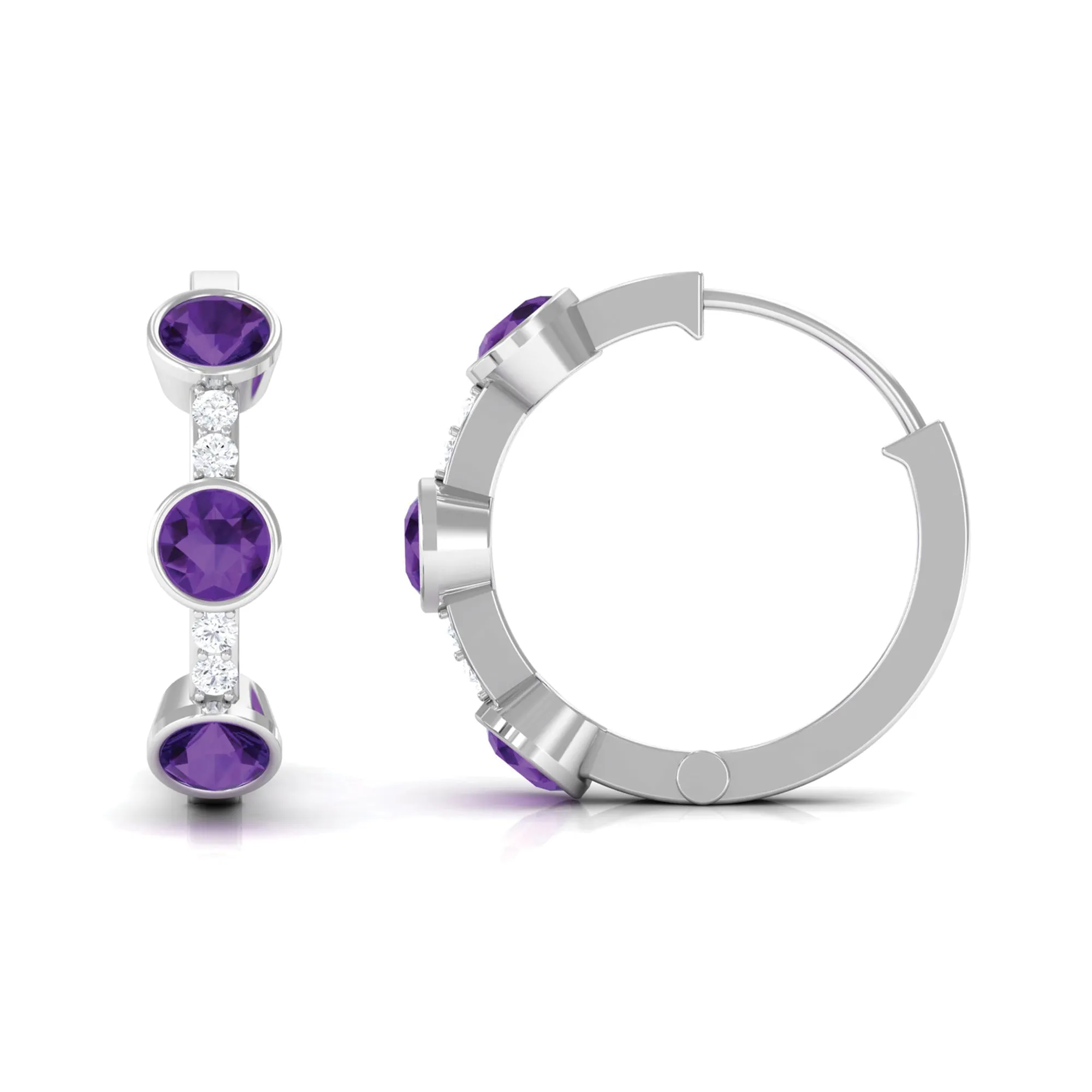 Round Amethyst and Diamond Hinged Hoop Earrings