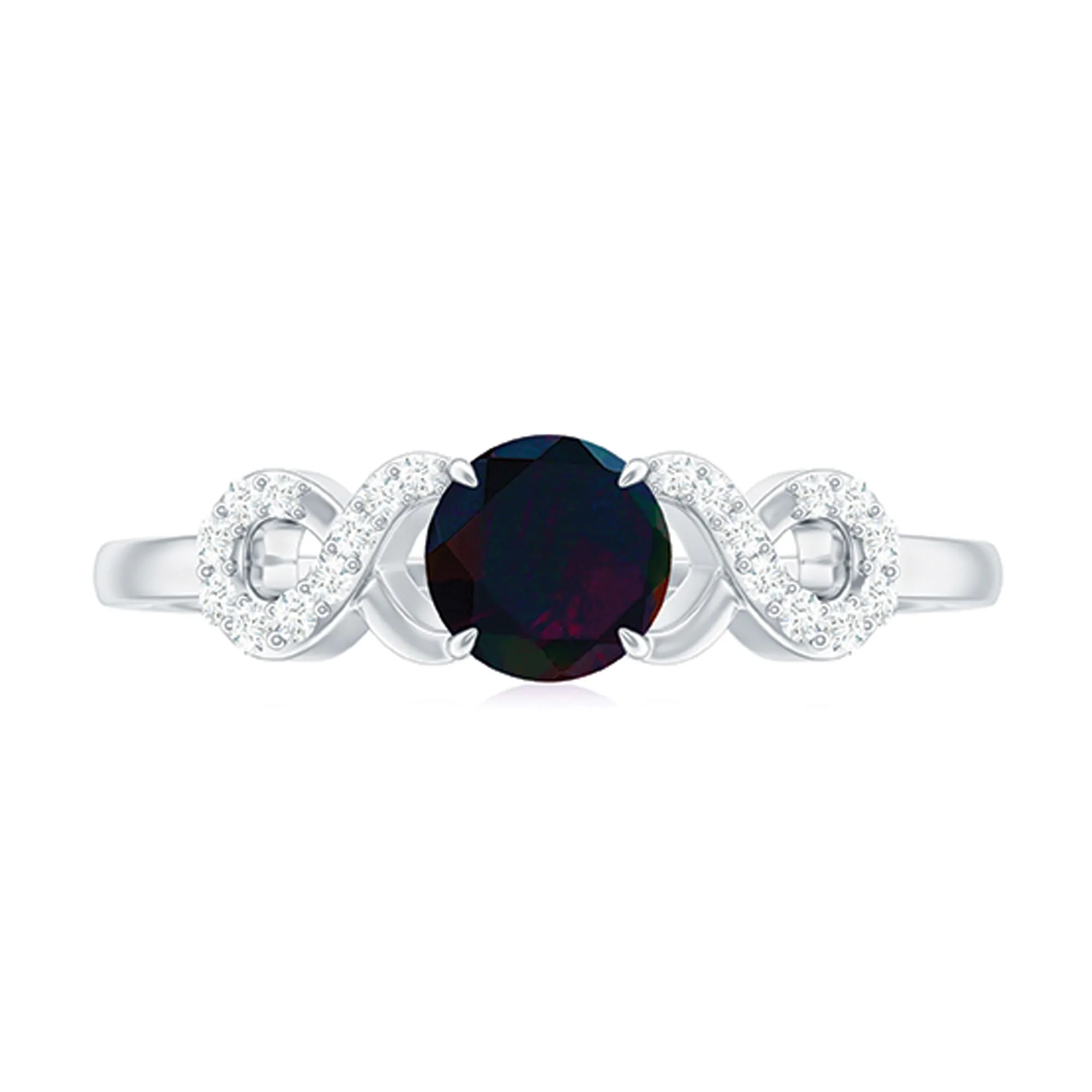 Round Black Opal Criss Cross Promise Ring with Diamond