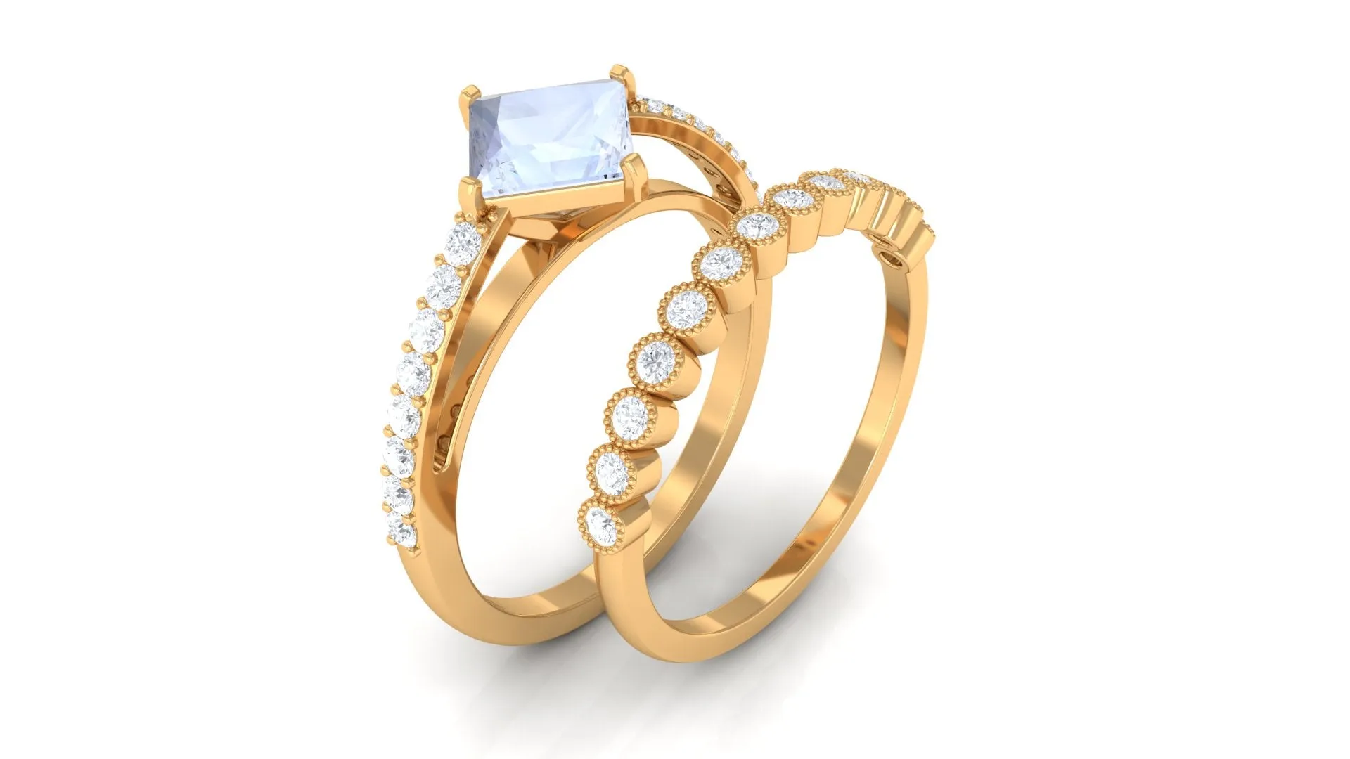 Solitaire Moonstone and Diamond Ring Set