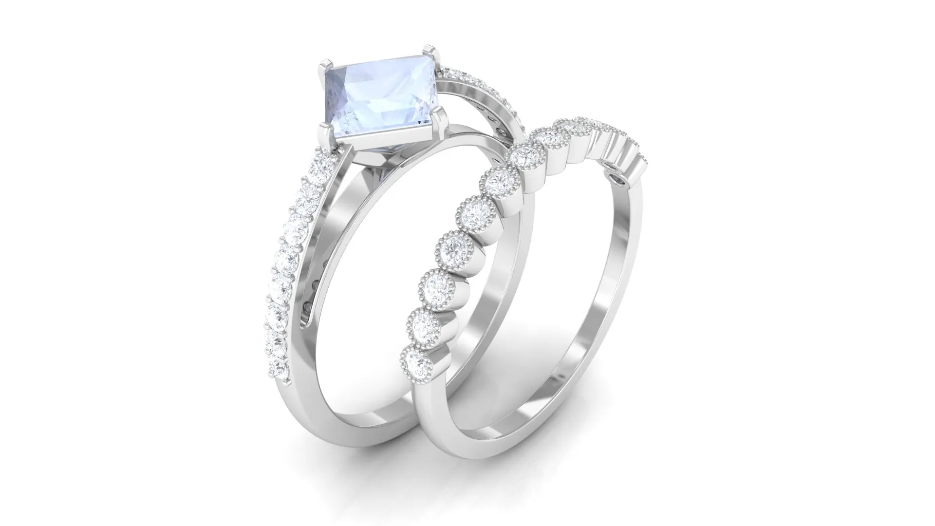 Solitaire Moonstone and Diamond Ring Set