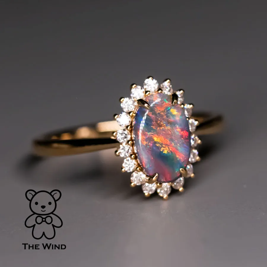 Stunning Australian Black Opal Diamond Halo Engagement Ring 18K Yellow Gold