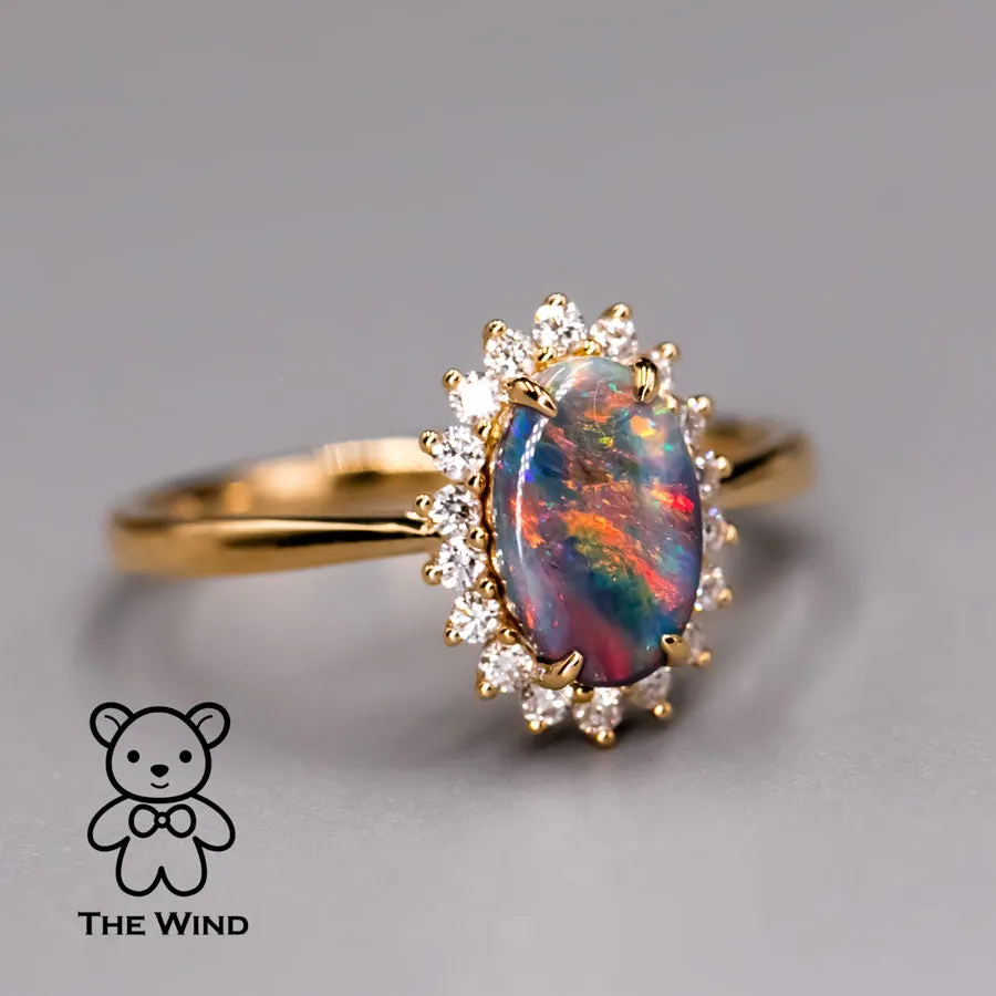 Stunning Australian Black Opal Diamond Halo Engagement Ring 18K Yellow Gold