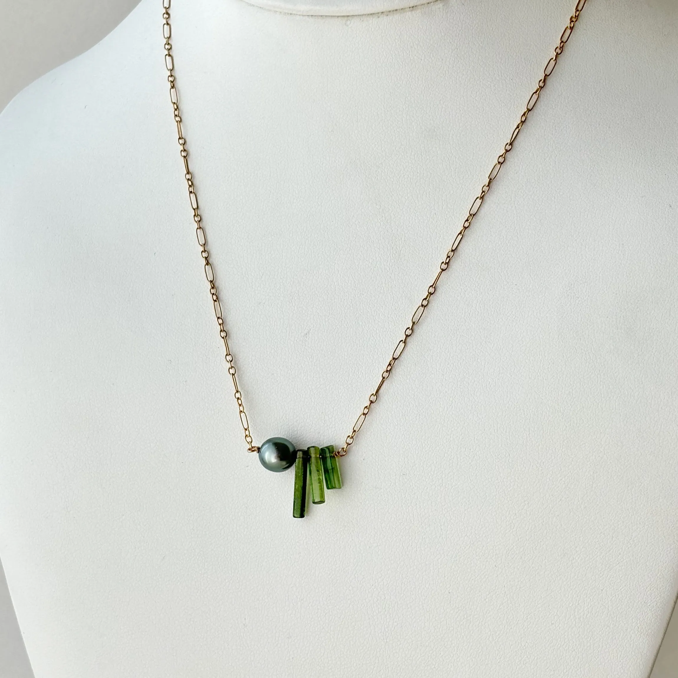 SWEET KEYS DEEP GREEN TOURMALINE AND TINY TAHITIAN PEARL NECKLACE