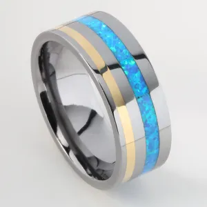 Tantalum with 14K Yellow Gold and Opal Inlaid Flat Wedding Ring 8mm