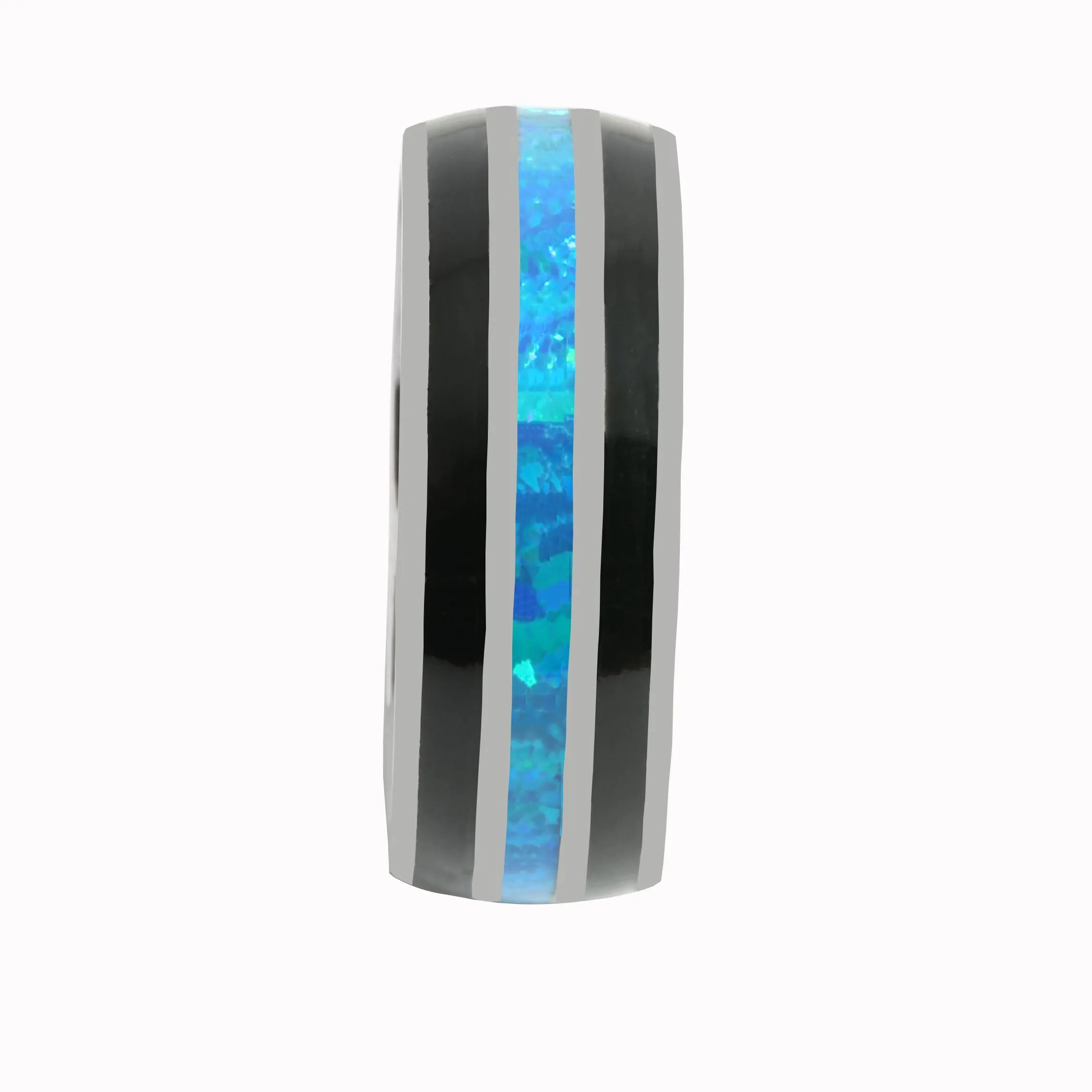 Tantalum with Onyx and Blue Opal Inlaid Wedding Ring Barrel 8mm