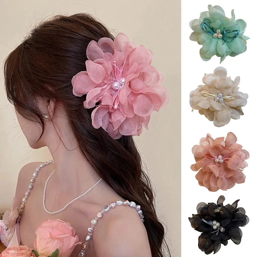 TAVIMART  -  Korean Gauze Flower Pearl Large Hair Claw Clip Headdress Sweet Summer Spring Women Oversized Hairpin Hair Accessories 1PC