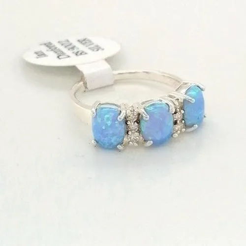 Three Stone Blue Opal Silver Ring size L 1/2