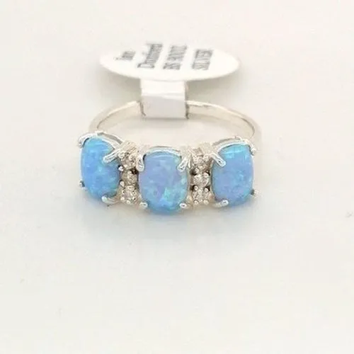 Three Stone Blue Opal Silver Ring size L 1/2