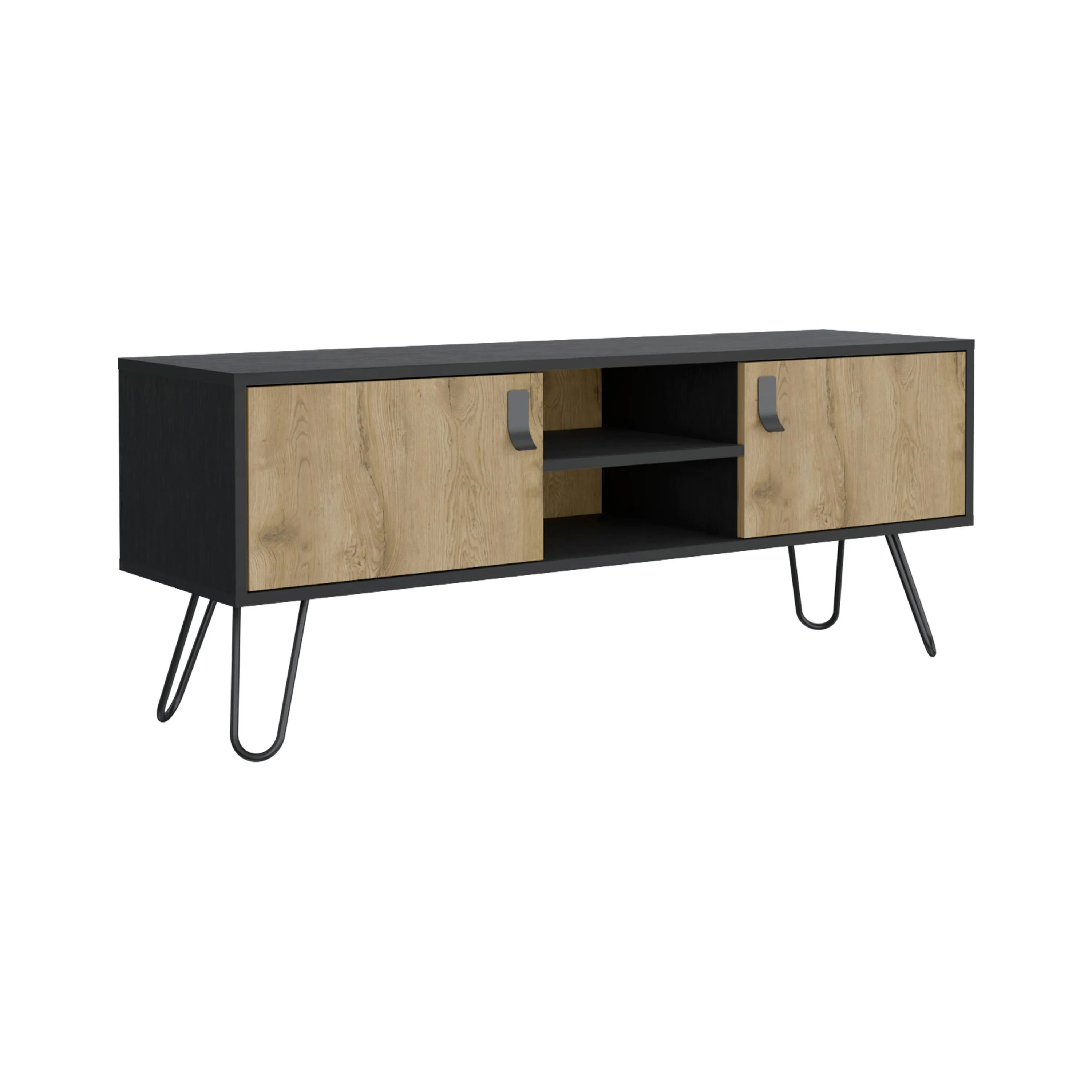 Toka Hairpin Legs TV Rack with Media Center and 2-Door, Black/Macadamia