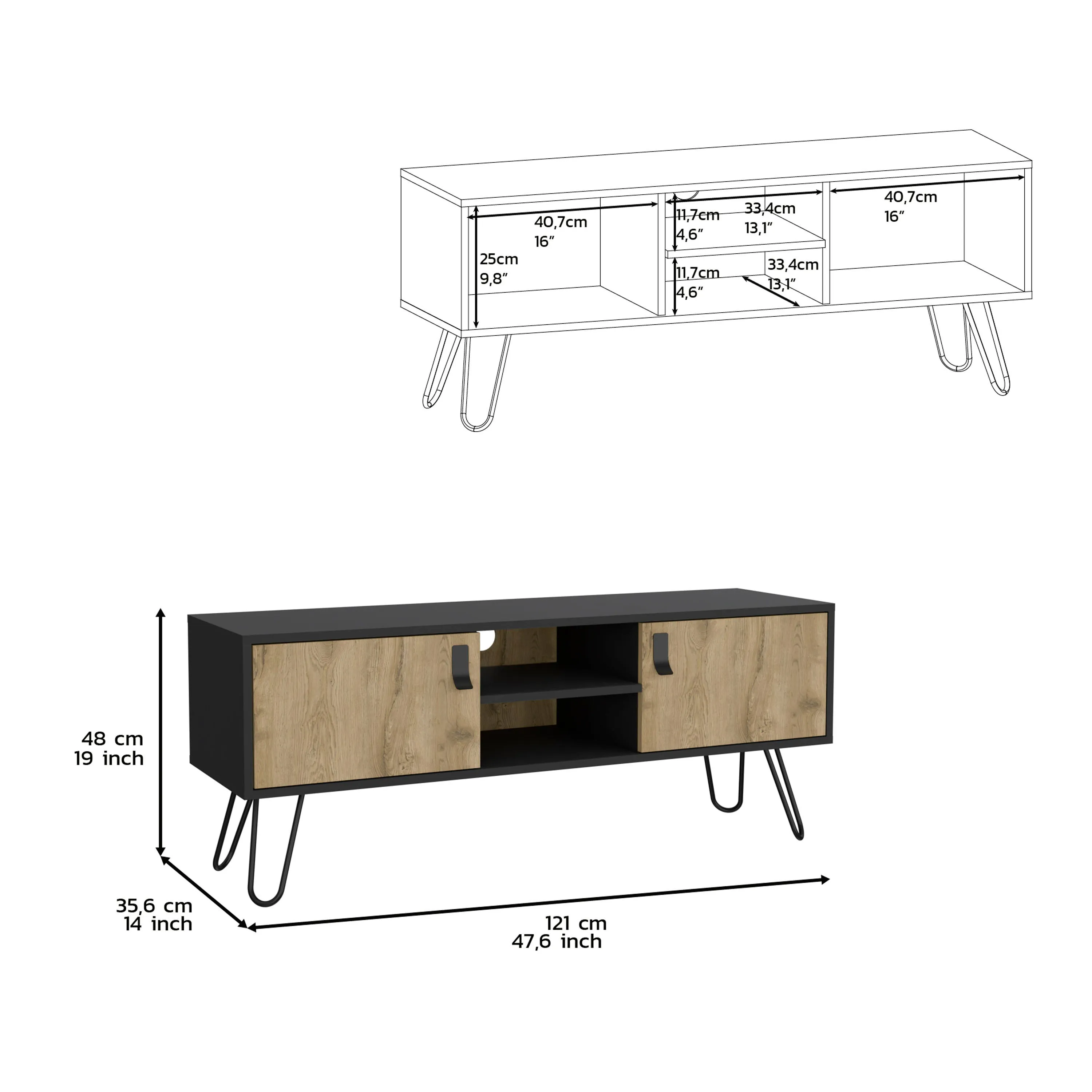 Toka Hairpin Legs TV Rack with Media Center and 2-Door, Black/Macadamia