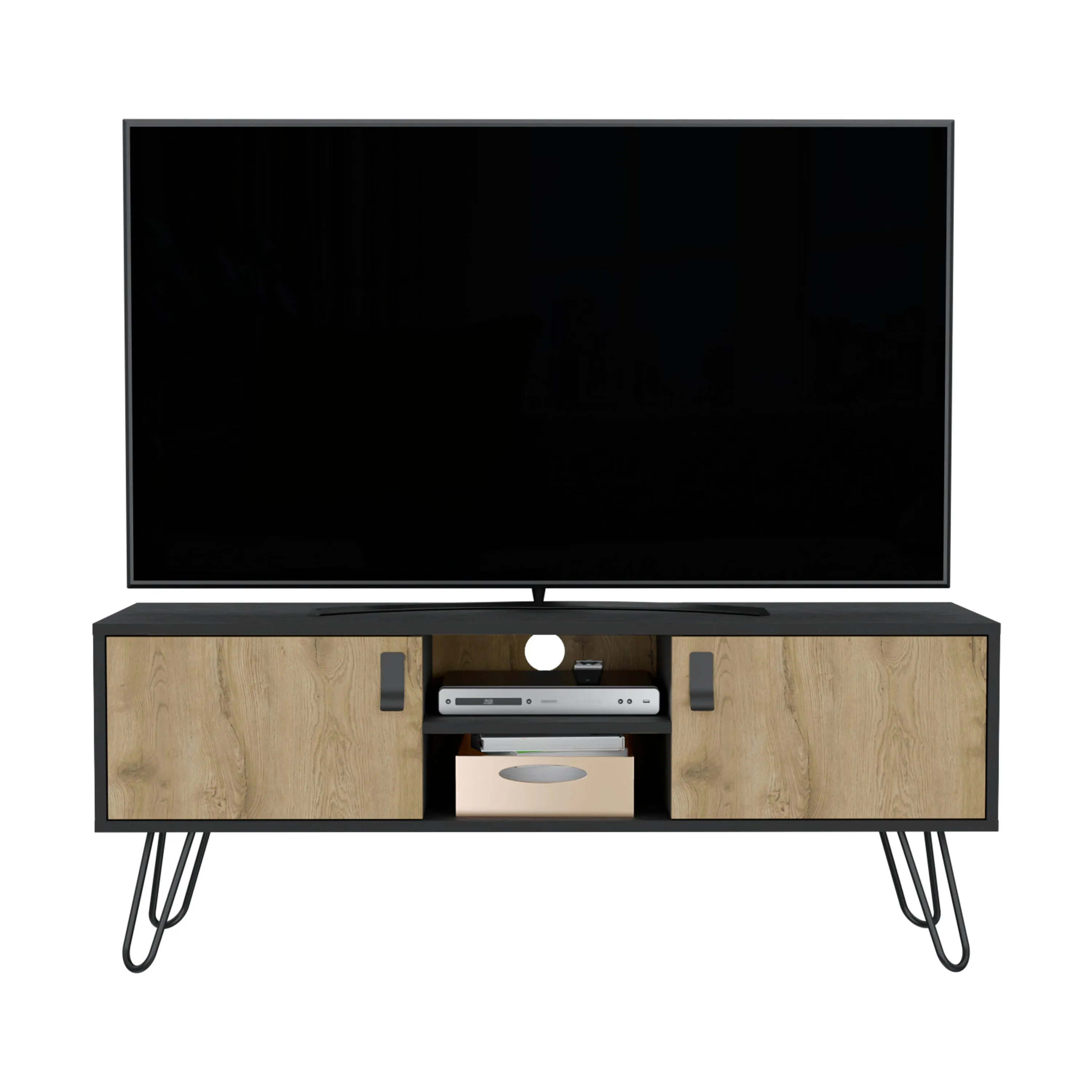 Toka Hairpin Legs TV Rack with Media Center and 2-Door, Black/Macadamia