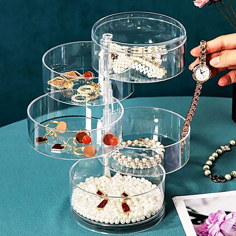 Transparent 360 Degree Rotating Dustproof Jewelry Box Small Multilayer Earring Ring Hairpin Jewelry Display Rack Storage Box