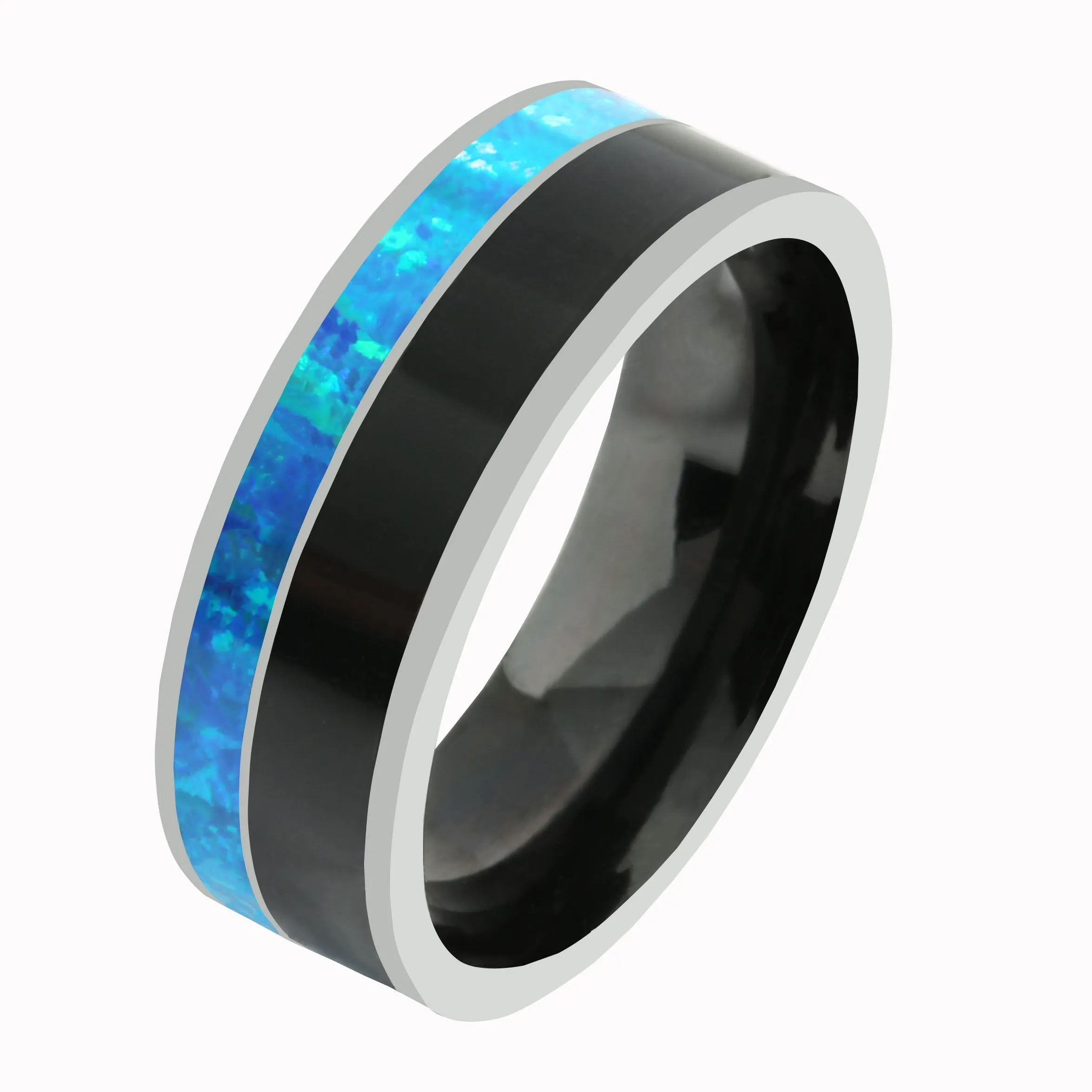 Tungsten Blue Opal and Onyx Inlaid Wedding Ring Flat 8mm