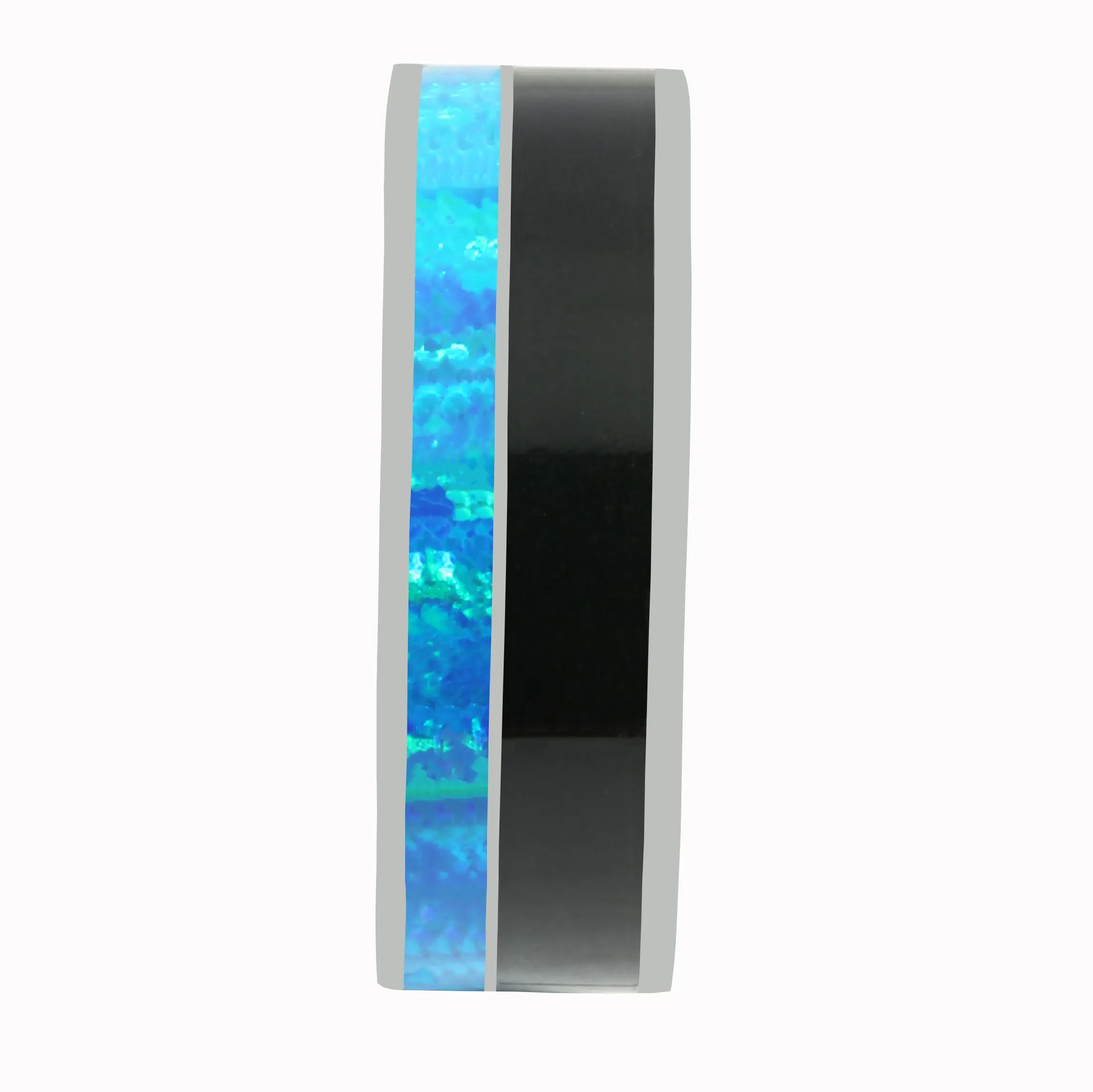 Tungsten Blue Opal and Onyx Inlaid Wedding Ring Flat 8mm